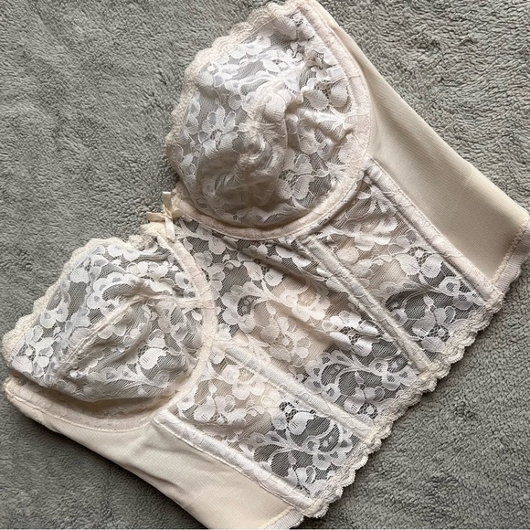 Vintage 70s 80s Backless Floral Lace Corset Long Bustier Bra Top Lingerie White - Picture 1 of 16